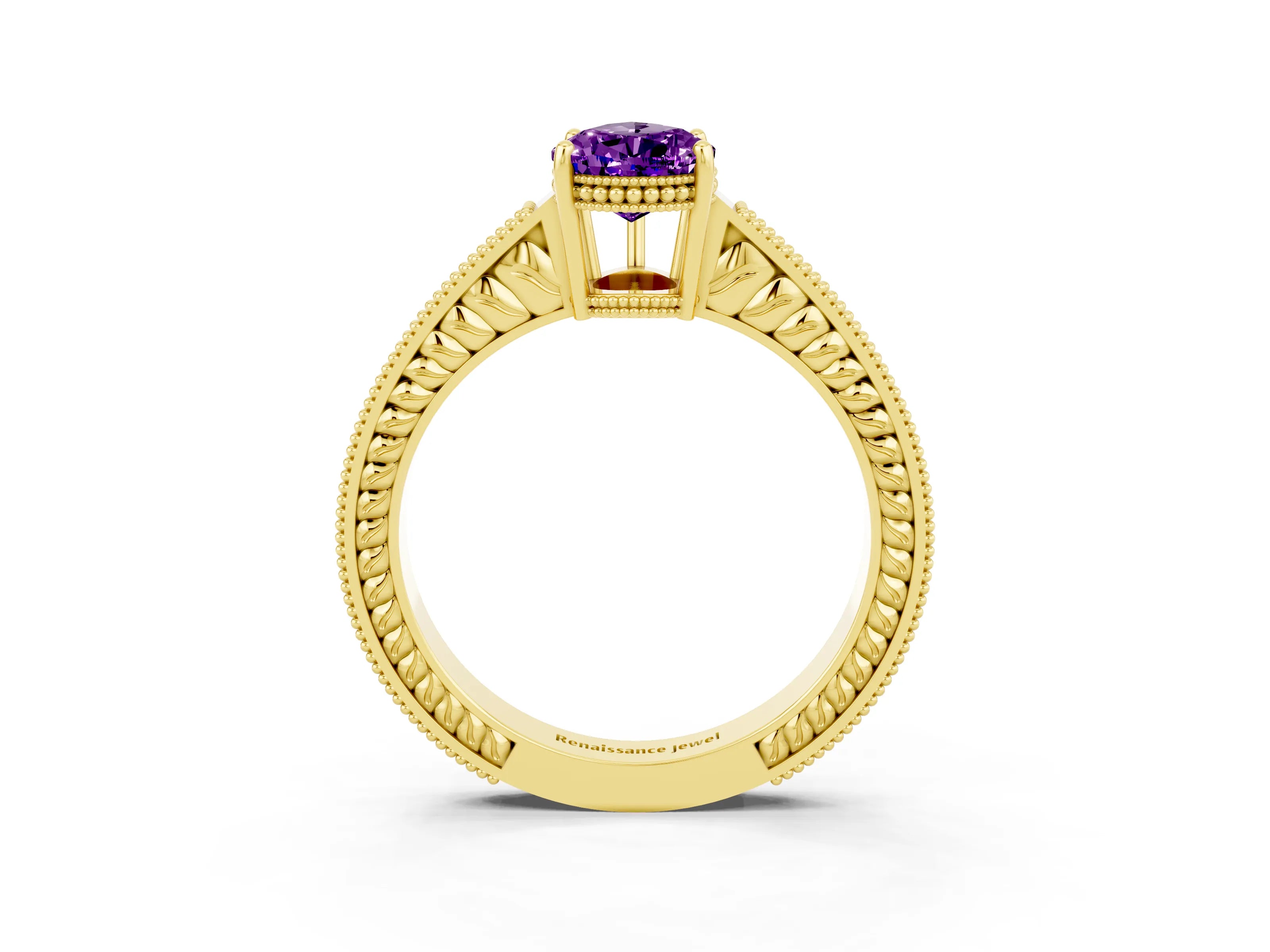 Yellow gold Pear Cut Amethyst Ring with Milgrain Pavé Band and Four-Prong Setting_15