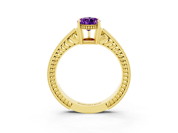 Yellow gold Pear Cut Amethyst Ring with Milgrain Pavé Band and Four-Prong Setting