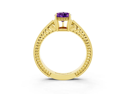 Yellow gold Pear Cut Amethyst Ring with Milgrain Pavé Band and Four-Prong Setting_15