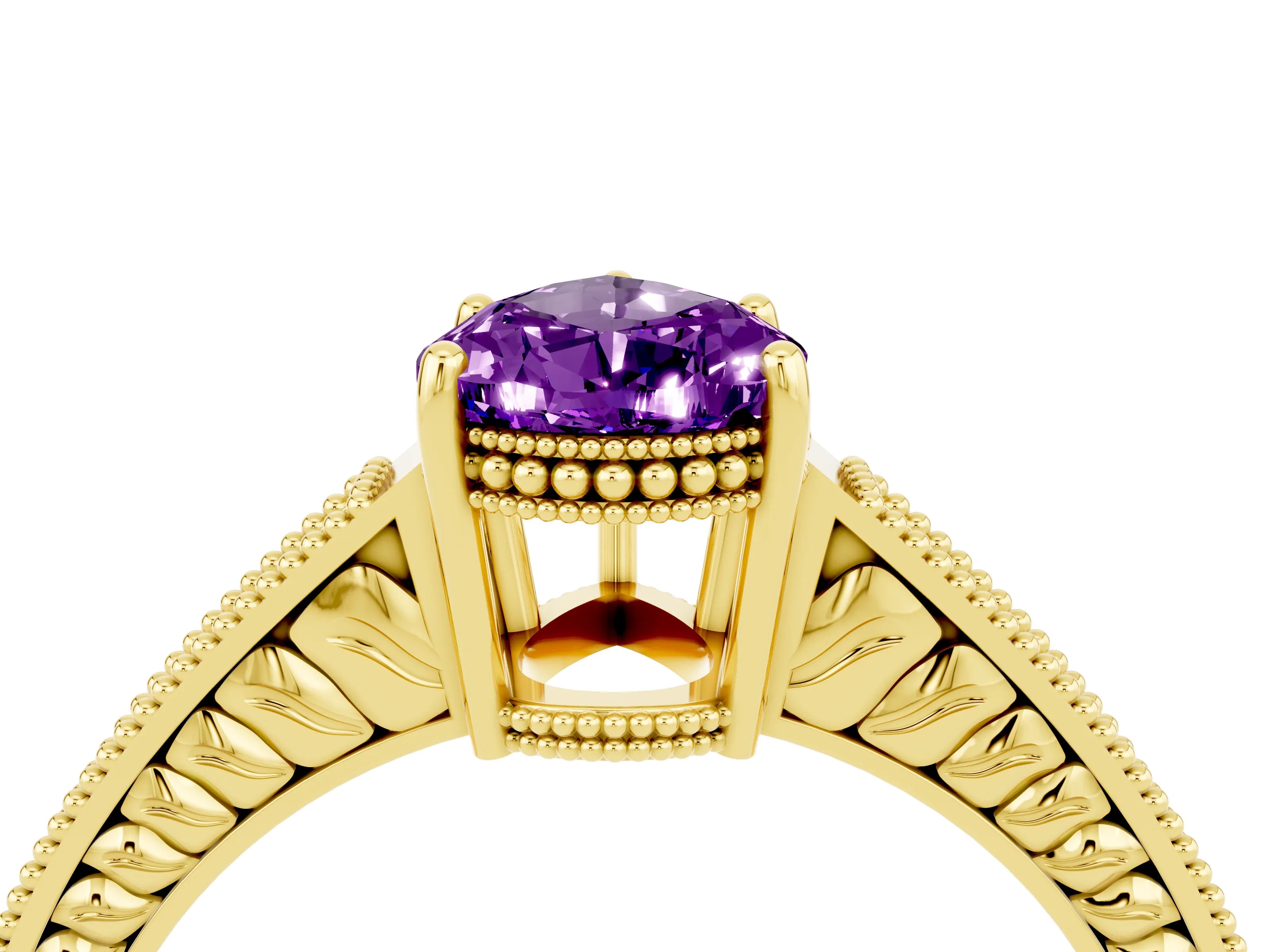 Yellow gold Pear Cut Amethyst Ring with Milgrain Pavé Band and Four-Prong Setting_16