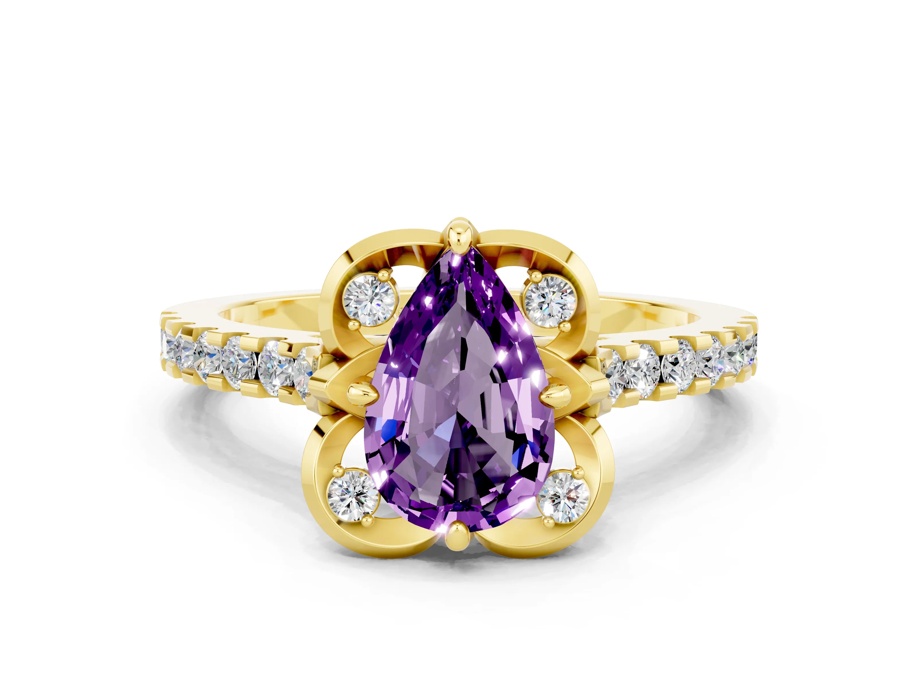 Yellow gold Pear Cut Amethyst Ring with Pavé Band and Floral Prong Setting