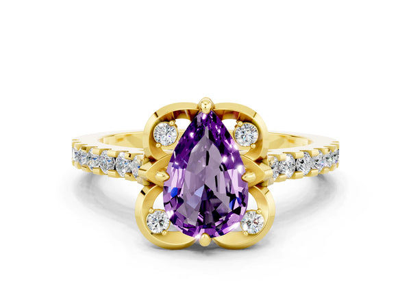 Yellow gold Pear Cut Amethyst Ring with Pavé Band and Floral Prong Setting
