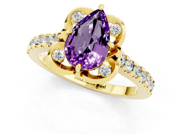 Yellow gold Pear Cut Amethyst Ring with Pavé Band and Floral Prong Setting