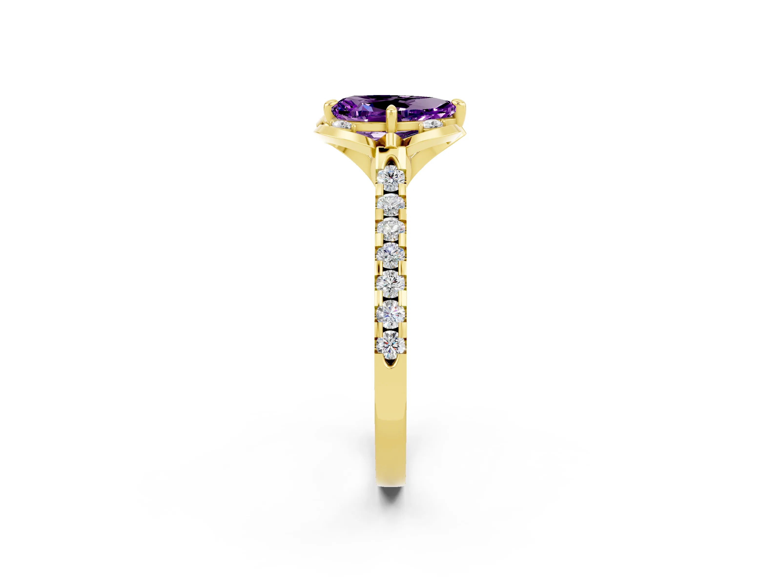 Yellow gold Pear Cut Amethyst Ring with Pavé Band and Floral Prong Setting_2