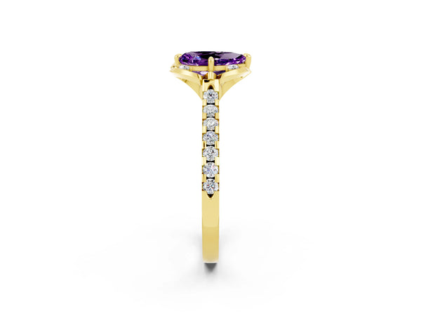 Yellow gold Pear Cut Amethyst Ring with Pavé Band and Floral Prong Setting
