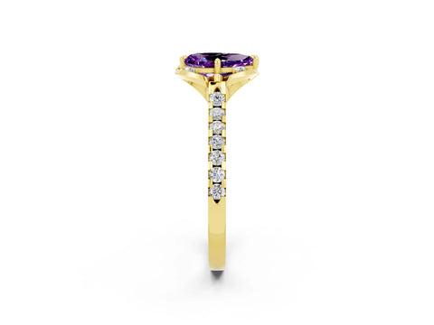 Yellow gold Pear Cut Amethyst Ring with Pavé Band and Floral Prong Setting_2