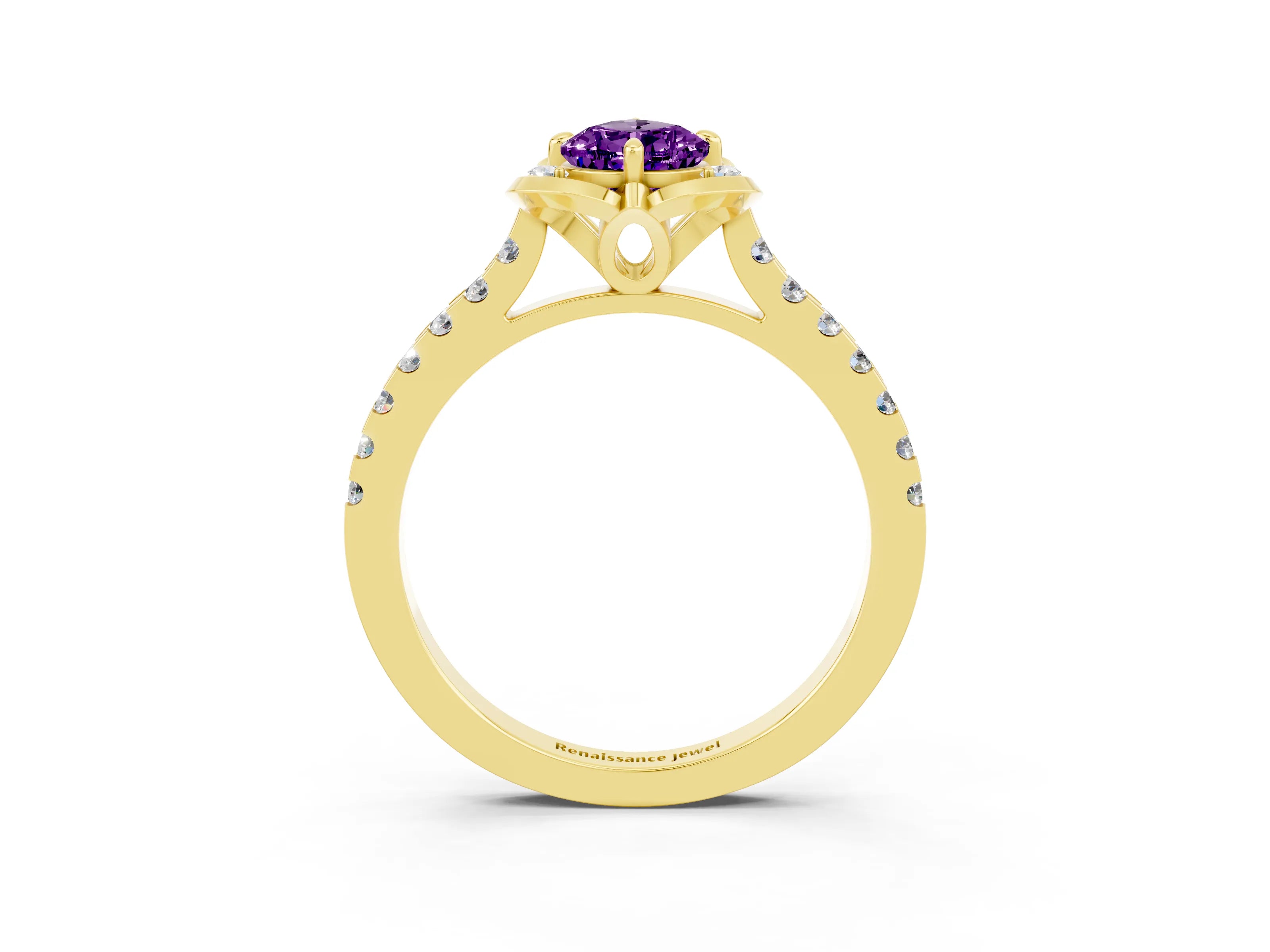 Yellow gold Pear Cut Amethyst Ring with Pavé Band and Floral Prong Setting_3