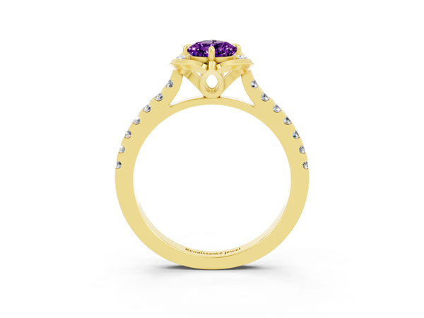 Yellow gold Pear Cut Amethyst Ring with Pavé Band and Floral Prong Setting