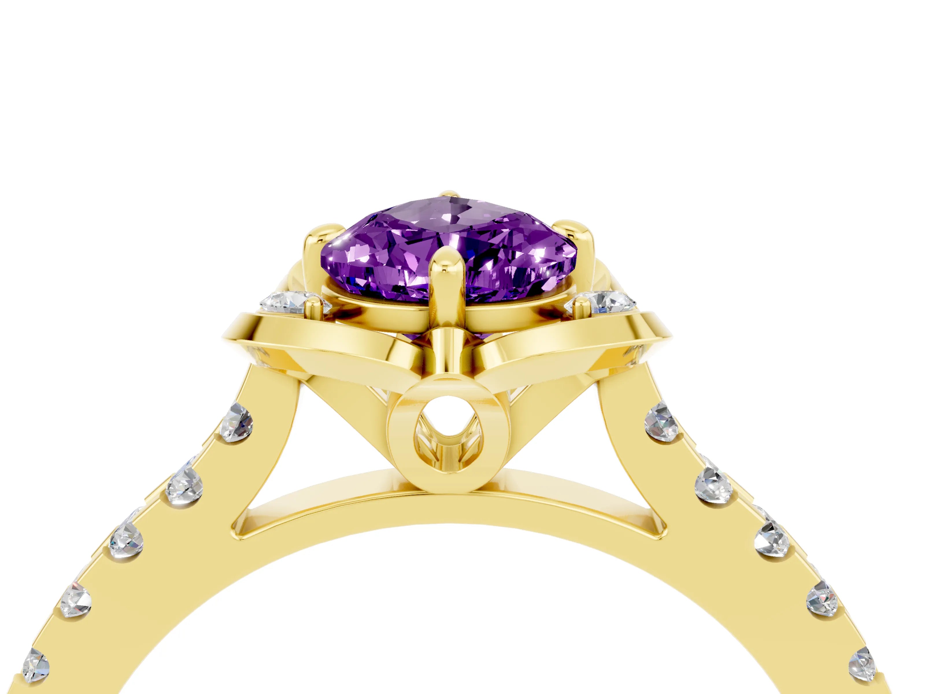 Yellow gold Pear Cut Amethyst Ring with Pavé Band and Floral Prong Setting_4