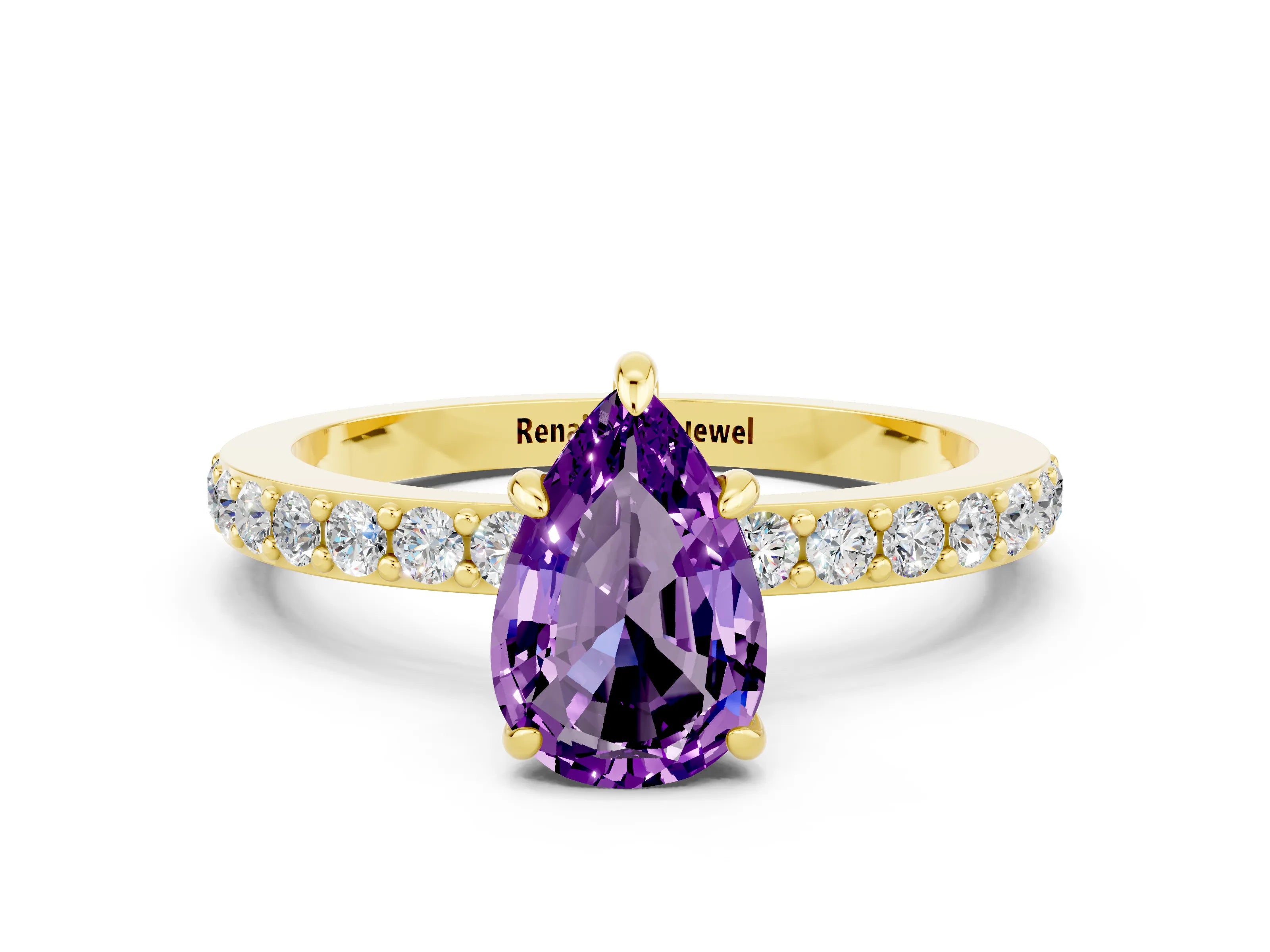 Yellow gold Pear Cut Amethyst Ring with Pavé Band and Four-Prong Setting