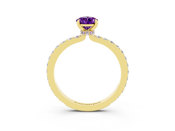 Yellow gold Pear Cut Amethyst Pavé Engagement Ring with Round  Accents and Prong Setting