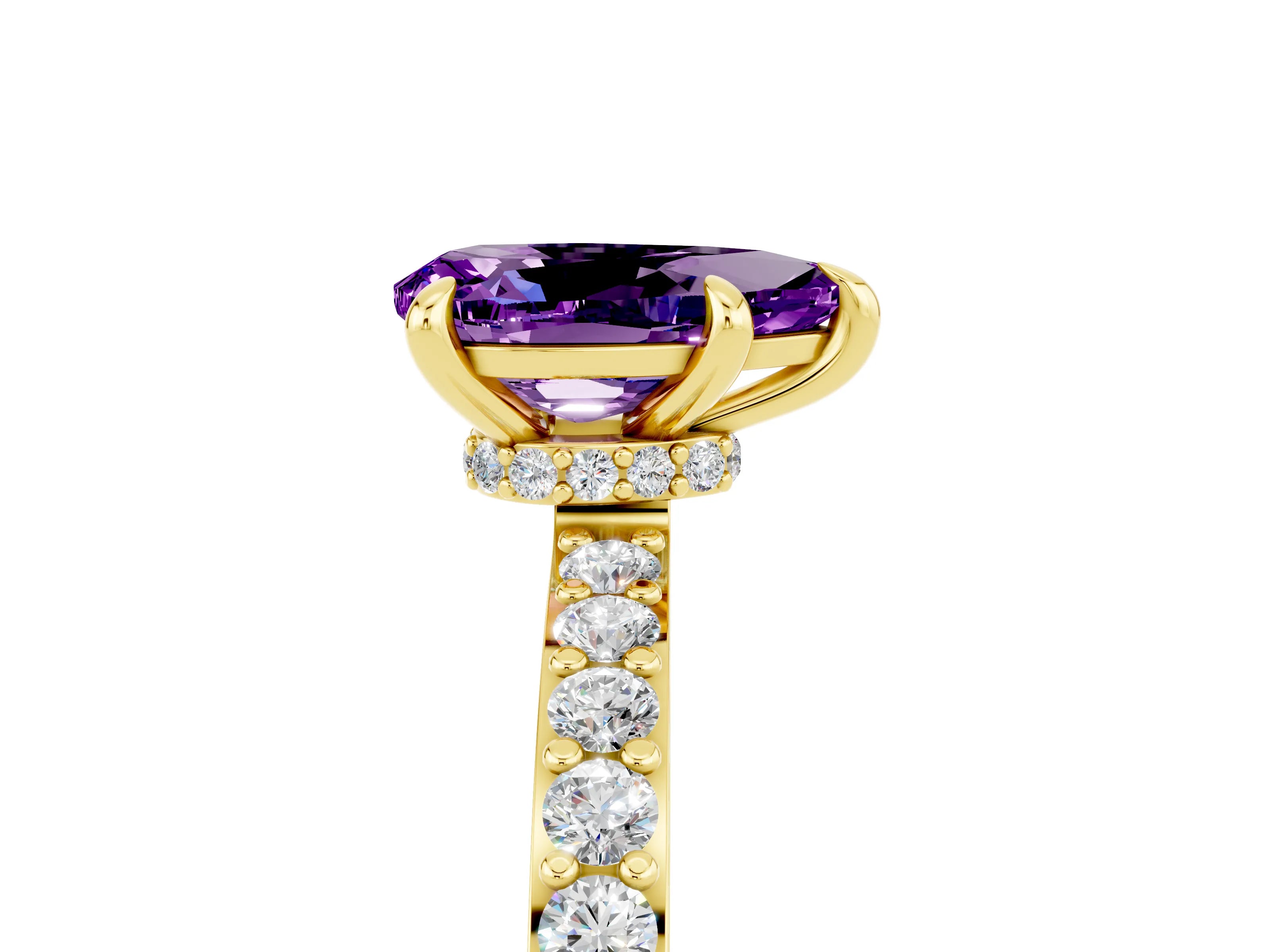 Yellow gold Pear Cut Amethyst Ring with Pavé Band and Four-Prong Setting_5