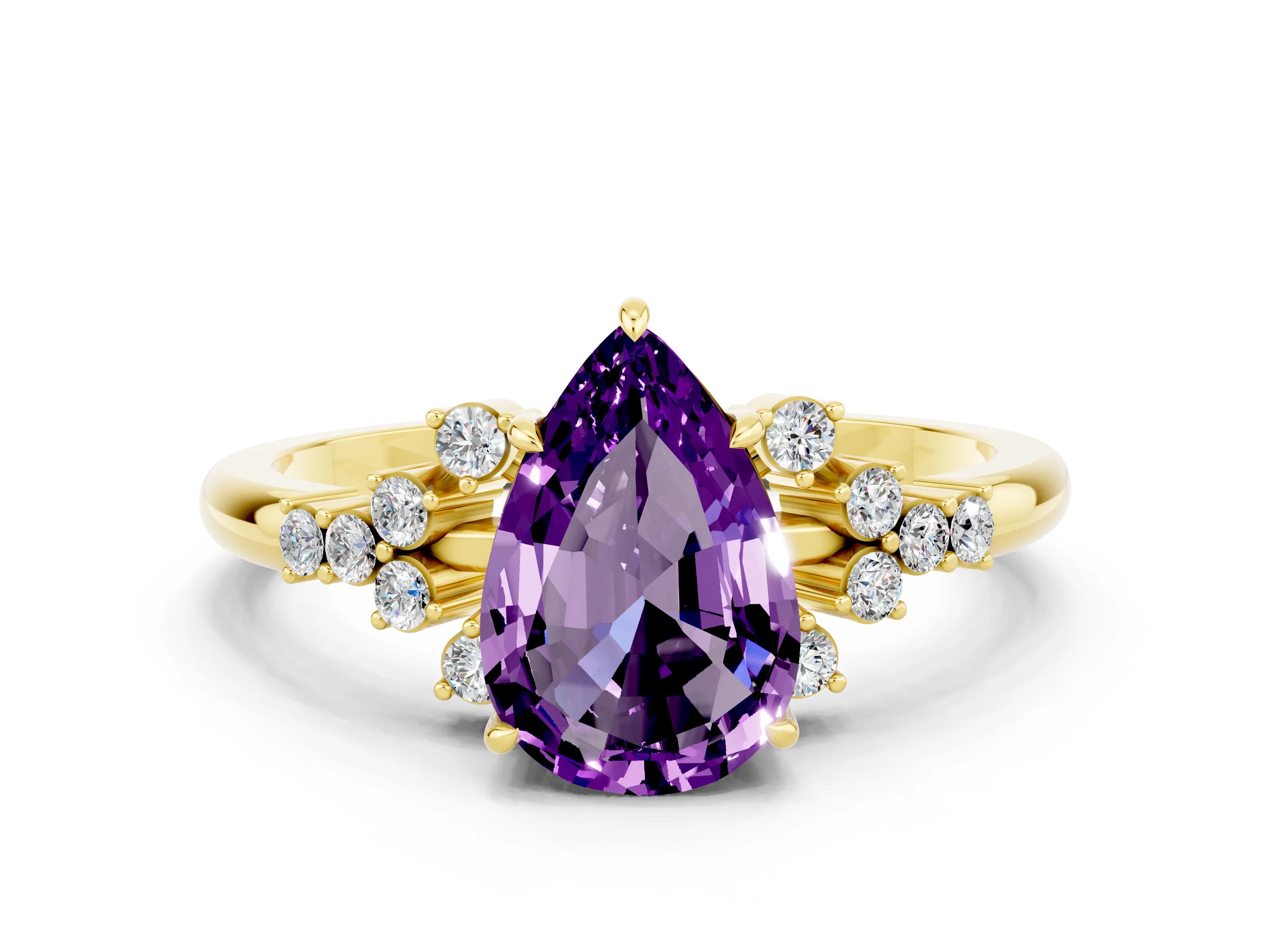 Yellow gold Pear Cut Amethyst Ring with Side Stones and Four-Prong Setting_36
