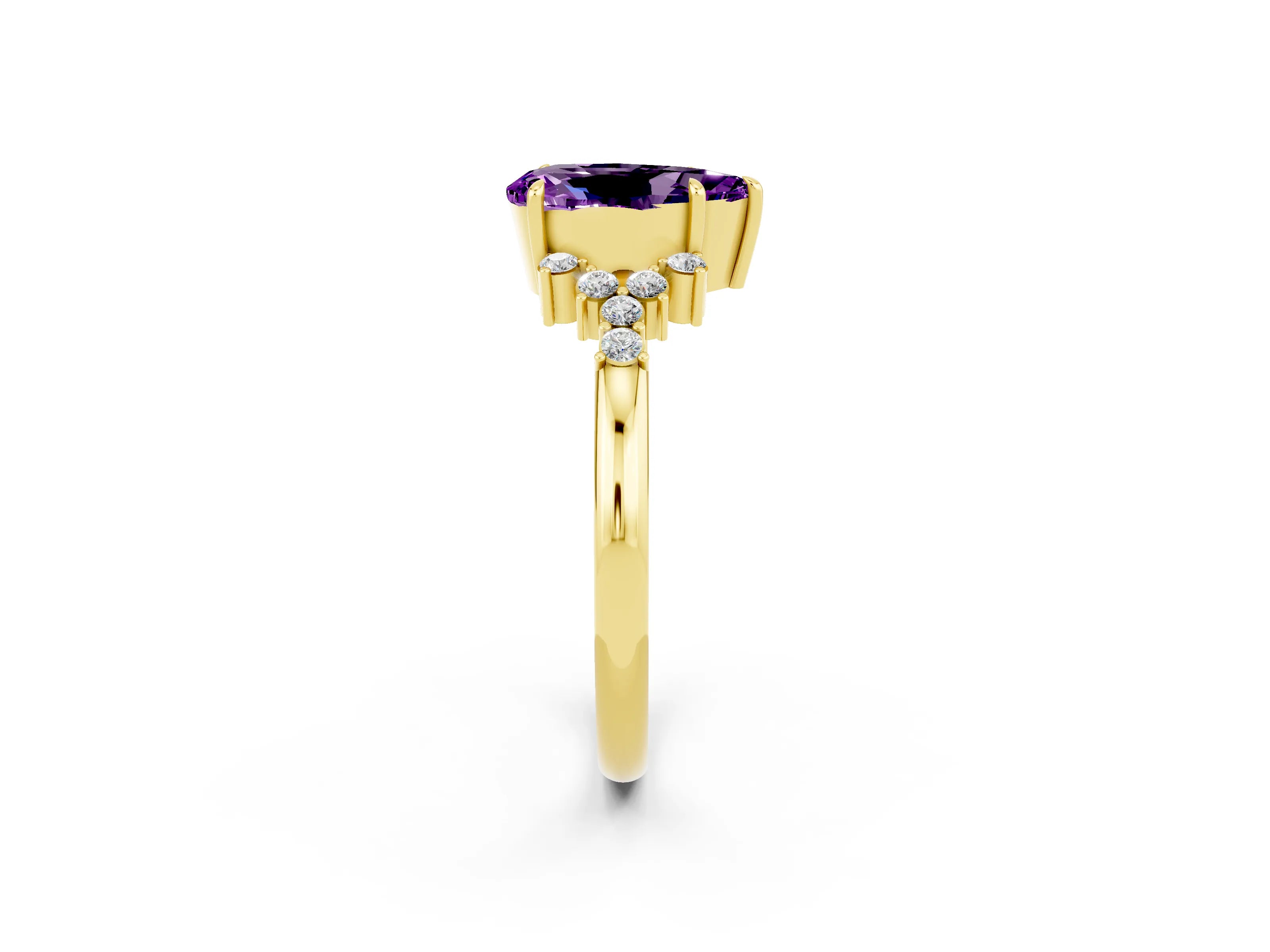 Yellow gold Pear Cut Amethyst Ring with Side Stones and Four-Prong Setting_38