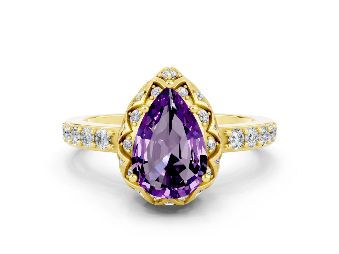 Yellow gold Pear Cut Amethyst Scalloped Halo Engagement Ring with Round Shared Prong Band_24