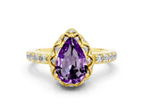 Yellow gold Pear Cut Amethyst Scalloped Halo Engagement Ring with Round Shared Prong Band_24
