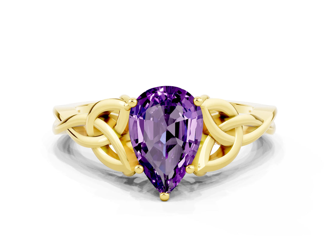 Yellow gold Pear Cut Amethyst Solitaire Celtic Knot Ring with Four-Prong Setting_12