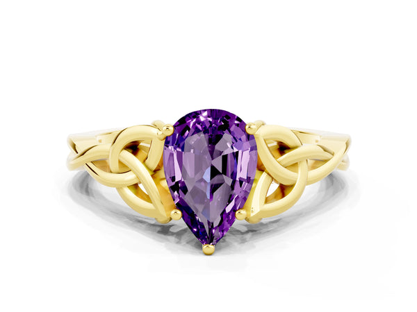 Yellow gold Pear Cut Amethyst Solitaire Celtic Knot Ring with Four-Prong Setting