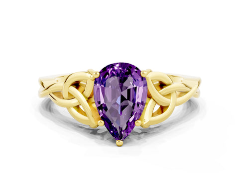 Yellow gold Pear Cut Amethyst Solitaire Celtic Knot Ring with Four-Prong Setting_12