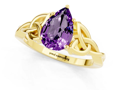 Yellow gold Pear Cut Amethyst Solitaire Celtic Knot Ring with Four-Prong Setting_13