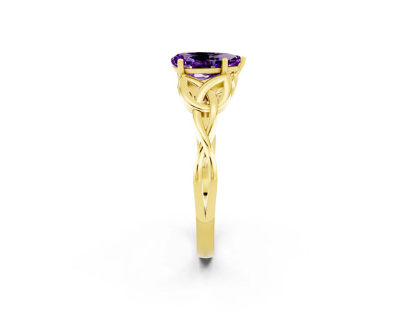 Yellow gold Pear Cut Amethyst Solitaire Celtic Knot Ring with Four-Prong Setting