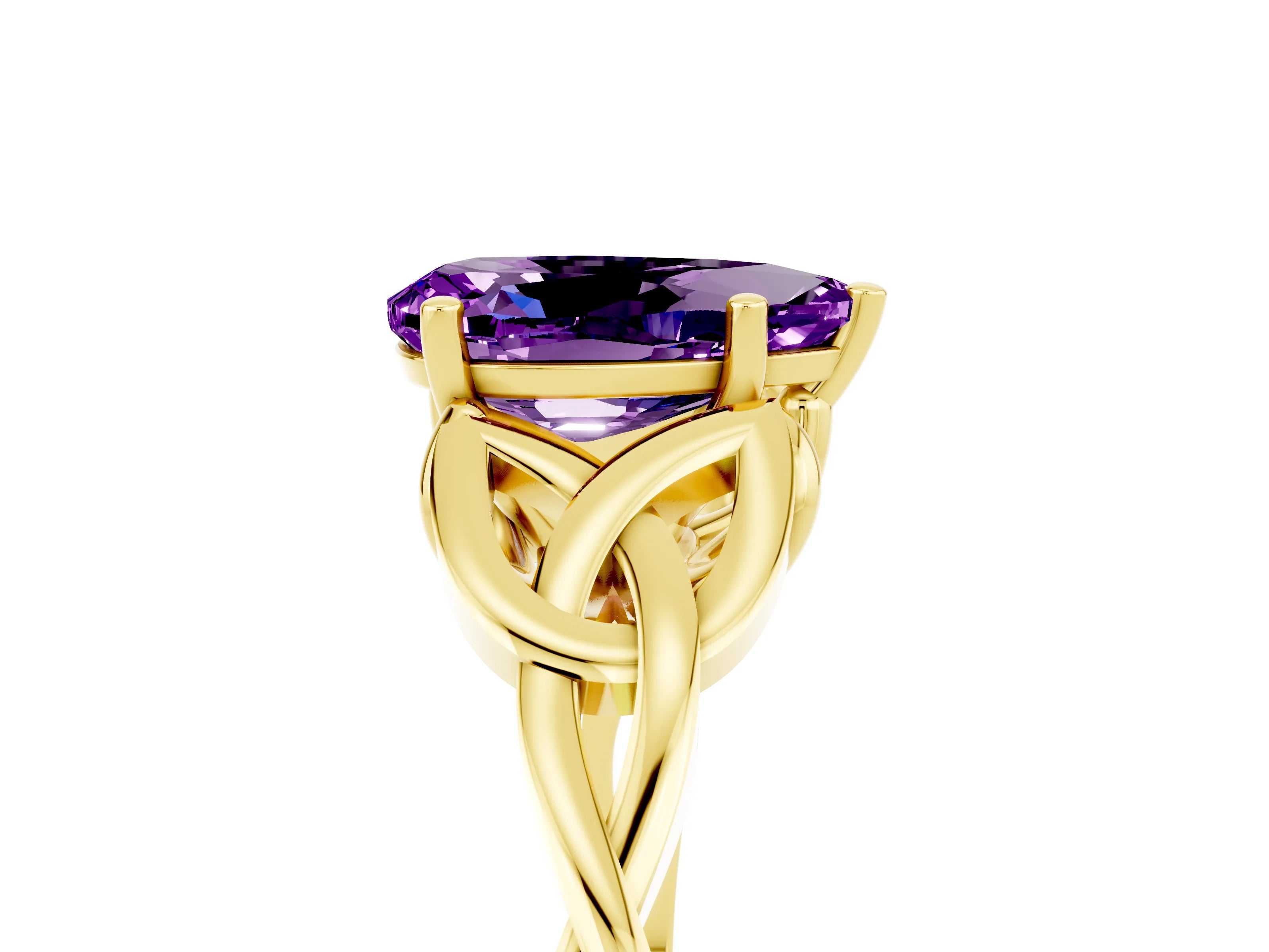 Yellow gold Pear Cut Amethyst Solitaire Celtic Knot Ring with Four-Prong Setting_17