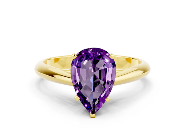 Yellow gold Pear Cut Amethyst Solitaire Engagement Ring with Cathedral Setting and Four-Prong Mount