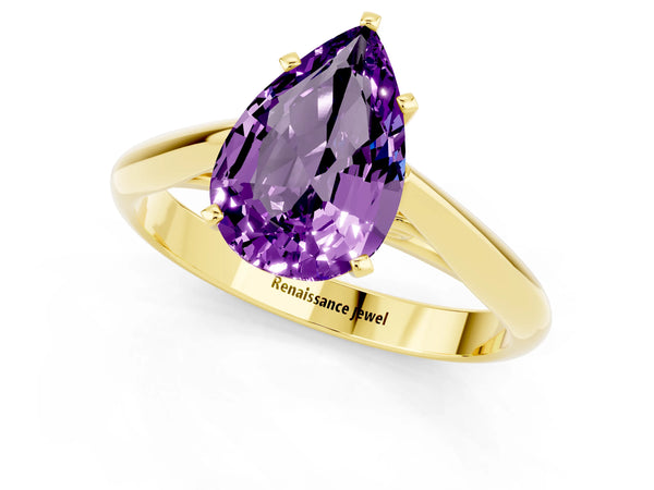 Yellow gold Pear Cut Amethyst Solitaire Engagement Ring with Cathedral Setting and Four-Prong Mount