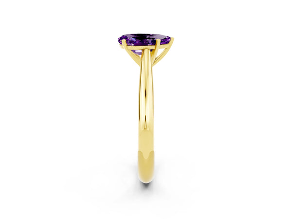 Yellow gold Pear Cut Amethyst Solitaire Engagement Ring with Cathedral Setting and Four-Prong Mount