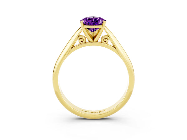 Yellow gold Pear Cut Amethyst Solitaire Engagement Ring with Cathedral Setting and Four-Prong Mount