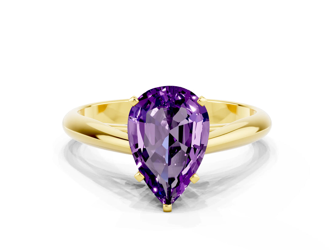 Yellow gold Pear Cut Amethyst Solitaire Engagement Ring with Cathedral Setting and Four-Prong Mount_78