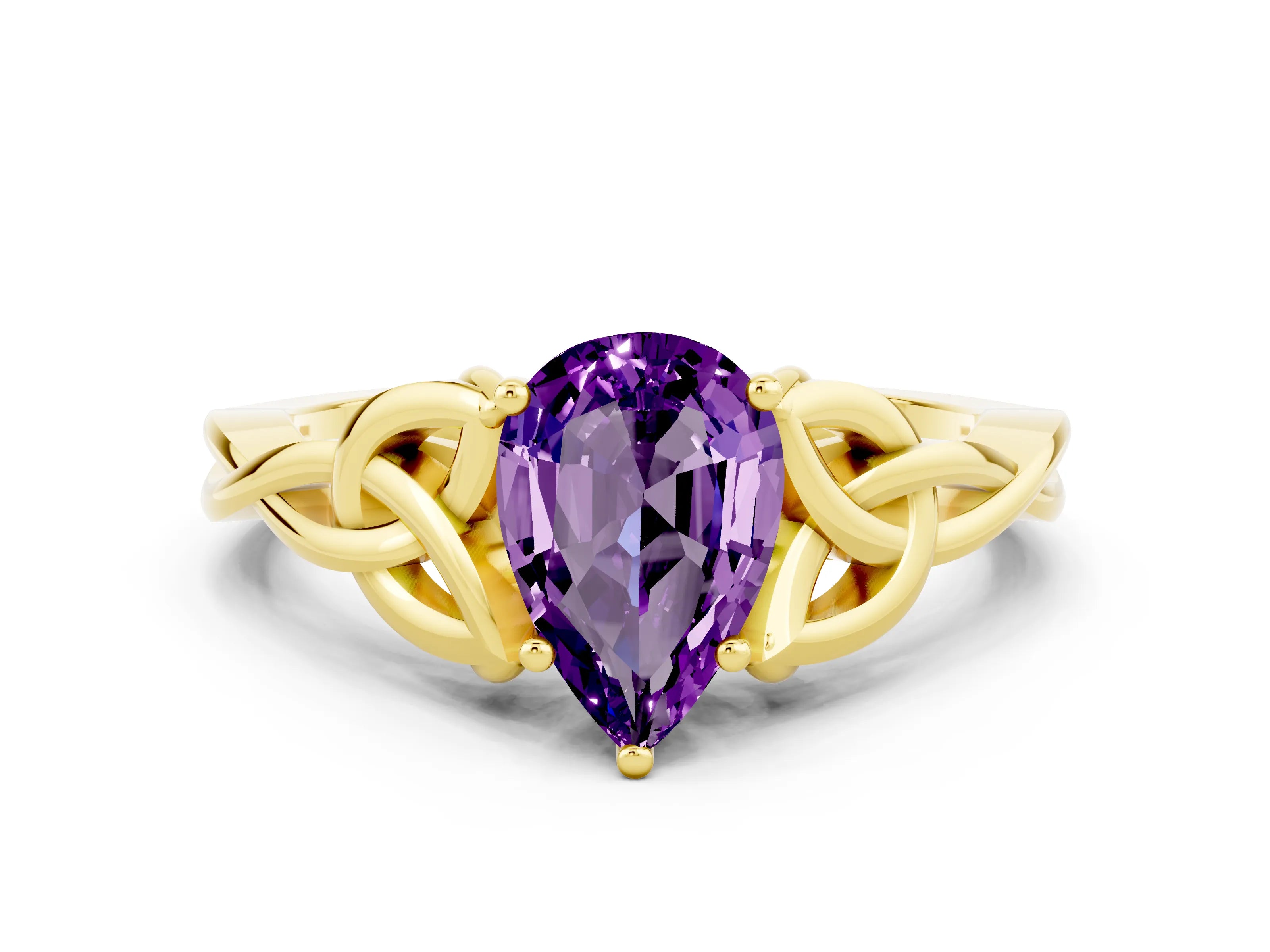 Yellow gold Pear Cut Amethyst Solitaire Engagement Ring with Celtic Knot Band and Four-Prong Setting