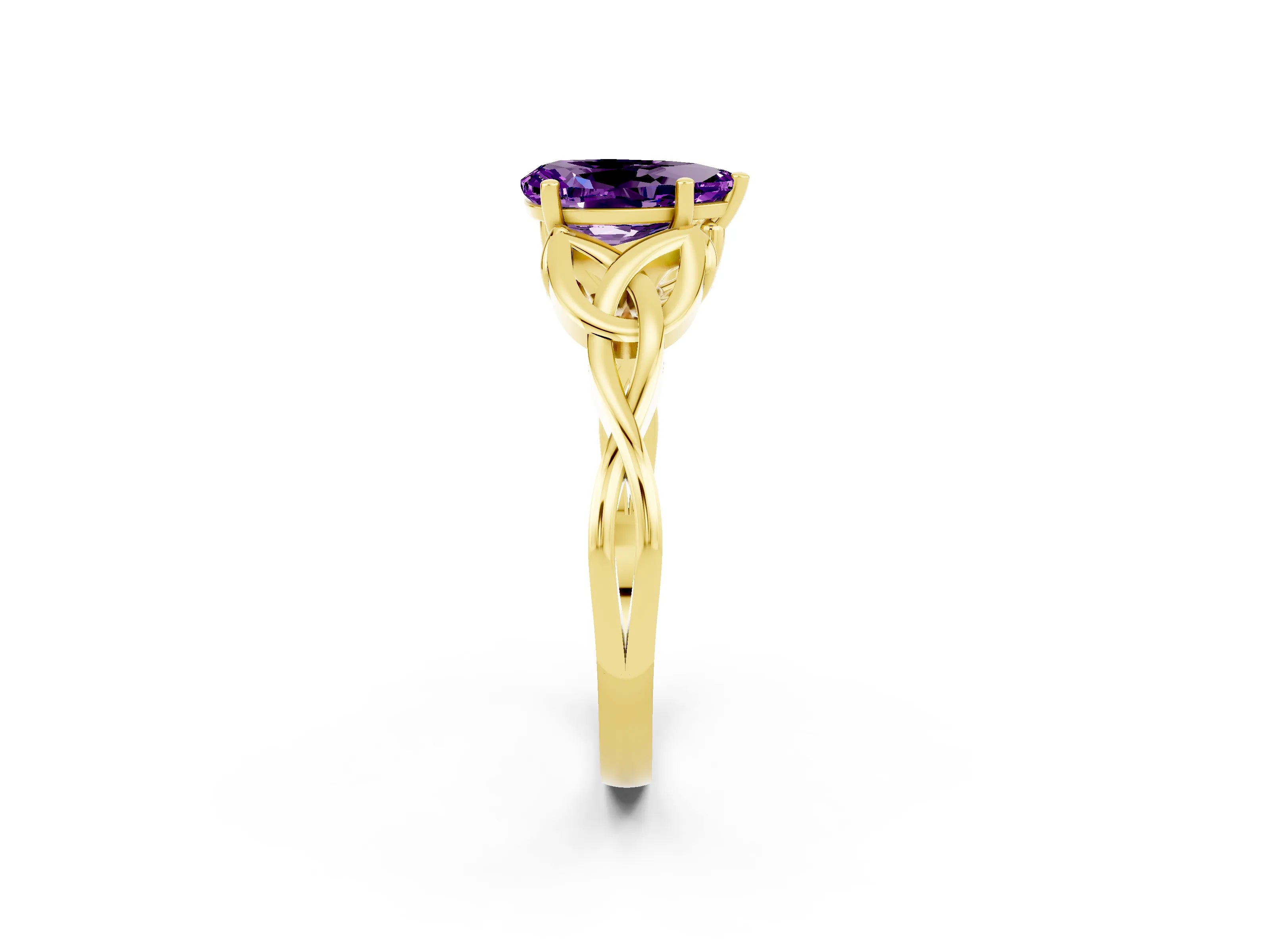 Yellow gold Pear Cut Amethyst Solitaire Engagement Ring with Celtic Knot Band and Four-Prong Setting_2