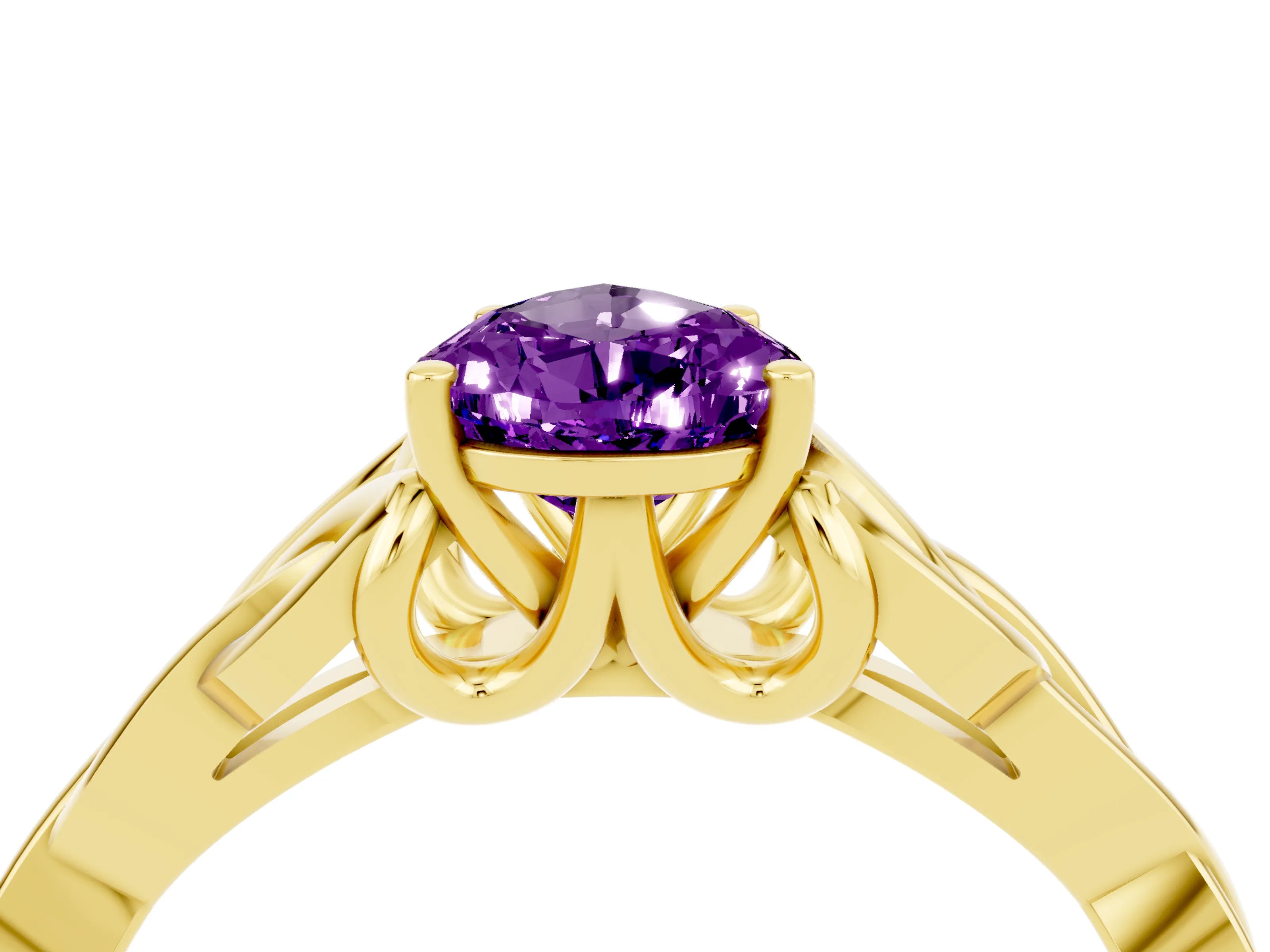 Yellow gold Pear Cut Amethyst Solitaire Engagement Ring with Celtic Knot Band and Four-Prong Setting_4