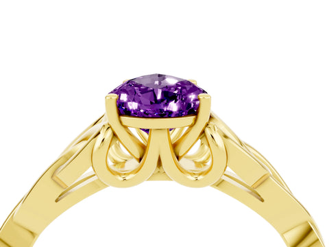 Yellow gold Pear Cut Amethyst Solitaire Engagement Ring with Celtic Knot Band and Four-Prong Setting_4