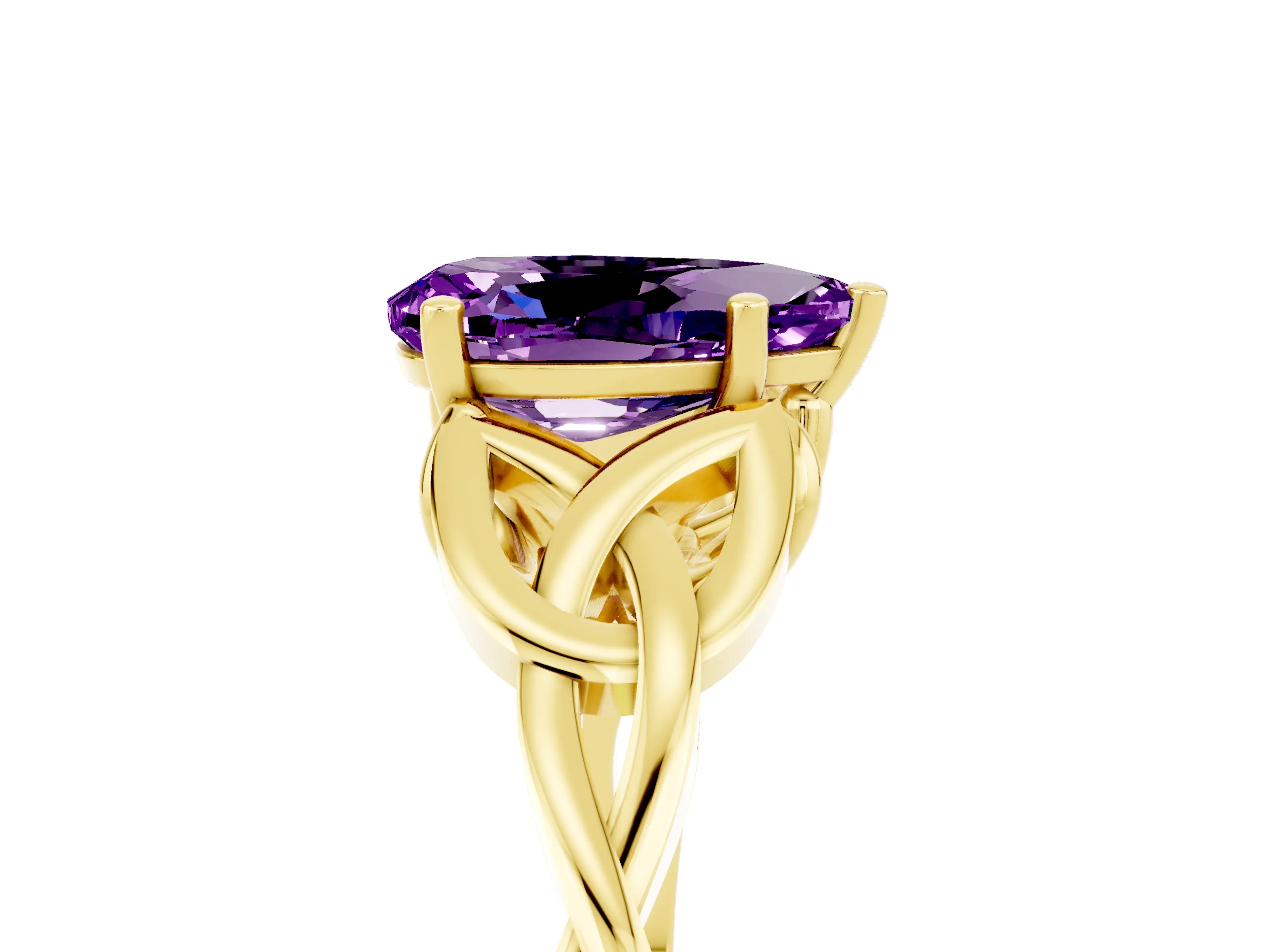 Yellow gold Pear Cut Amethyst Solitaire Engagement Ring with Celtic Knot Band and Four-Prong Setting_5