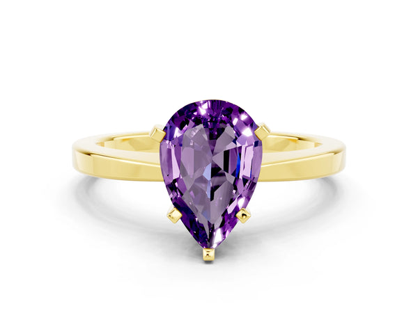 Yellow gold Pear Cut Amethyst Solitaire Engagement Ring with Classic Band and Four-Prong Setting
