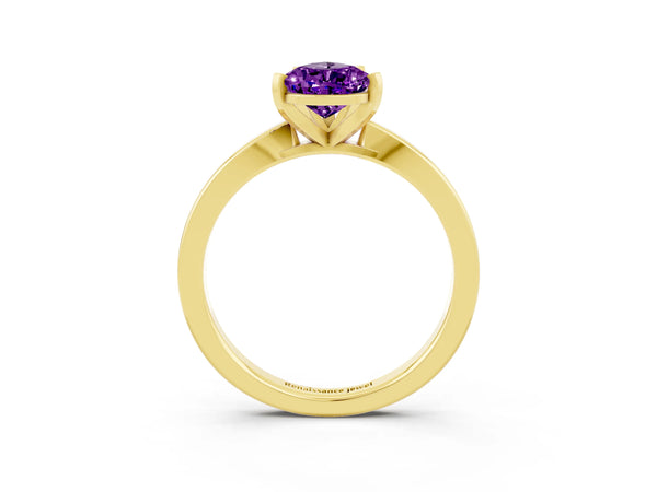 Yellow gold Pear Cut Amethyst Solitaire Engagement Ring with Classic Band and Four-Prong Setting