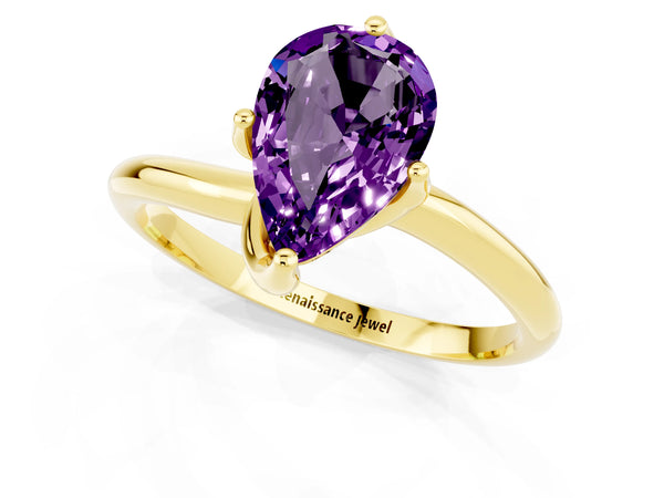 Yellow gold Pear Cut Amethyst Solitaire Engagement Ring with Four-Prong Setting and Classic Band
