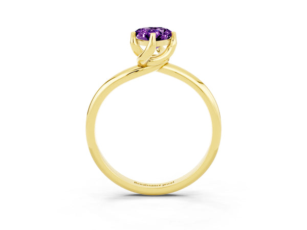 Yellow gold Pear Cut Amethyst Solitaire Engagement Ring with Four-Prong Setting and Classic Band