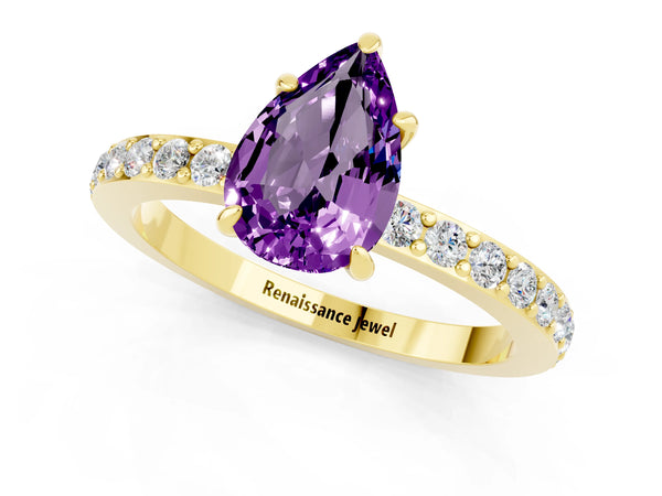 Yellow gold Pear Cut Amethyst Solitaire Engagement Ring with Pavé Band and Four-Prong Setting