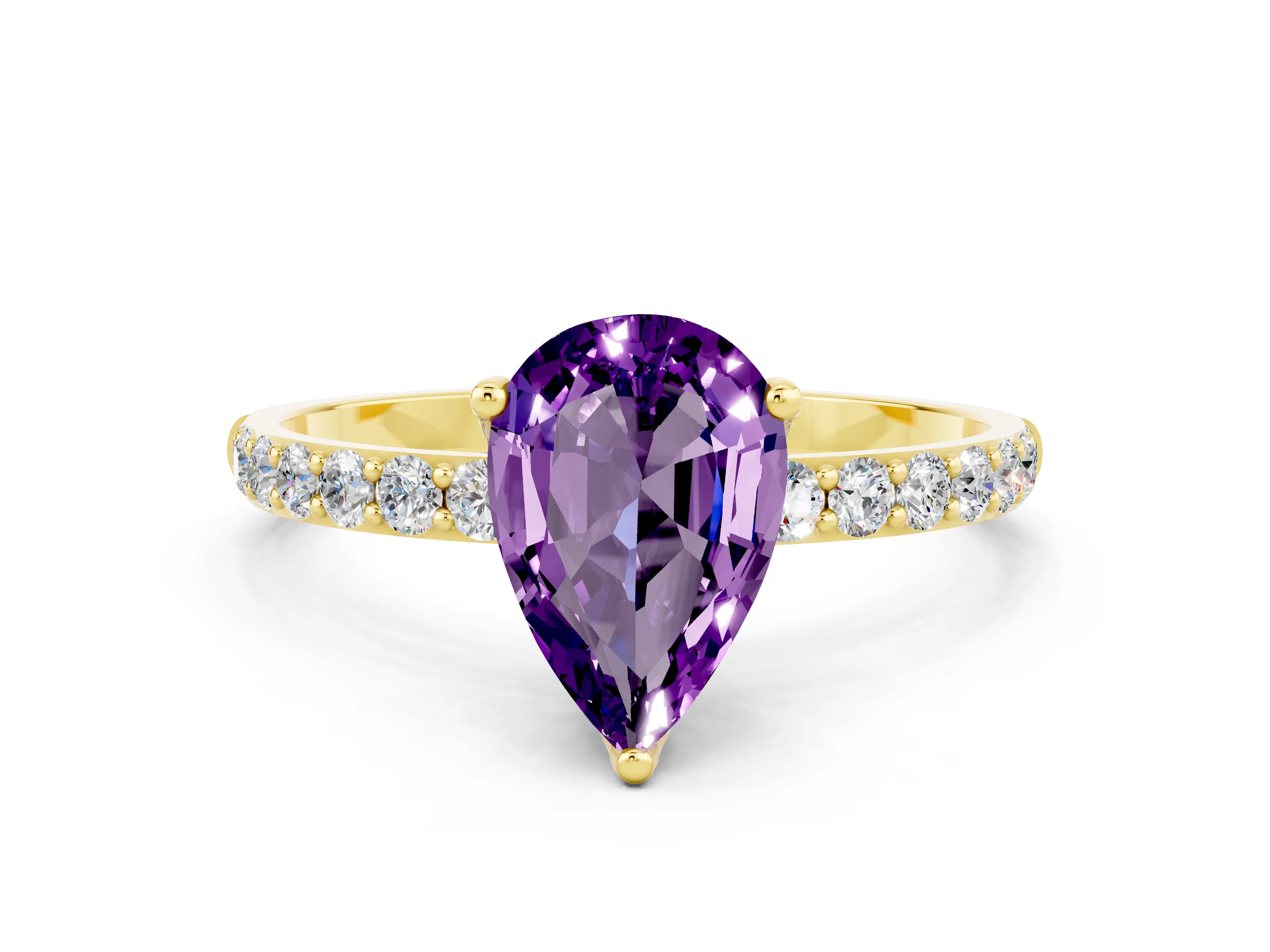 Yellow gold Pear Cut Amethyst Solitaire Engagement Ring with Pavé Band and Prong Setting