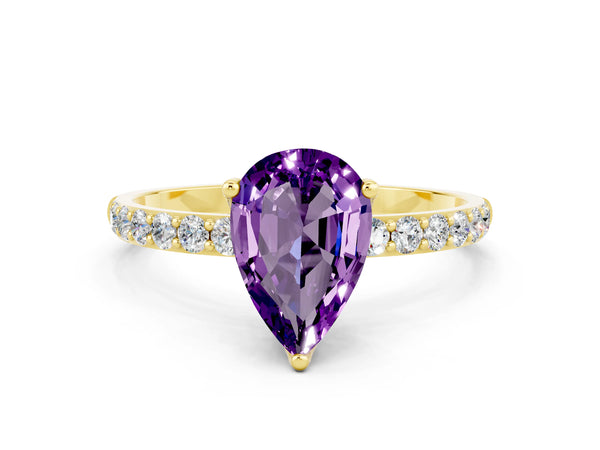 Yellow gold Pear Cut Amethyst Solitaire Engagement Ring with Round  Pavé Band and Prong Setting