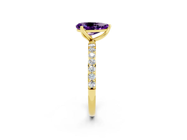 Yellow gold Pear Cut Amethyst Solitaire Engagement Ring with Round  Pavé Band and Prong Setting