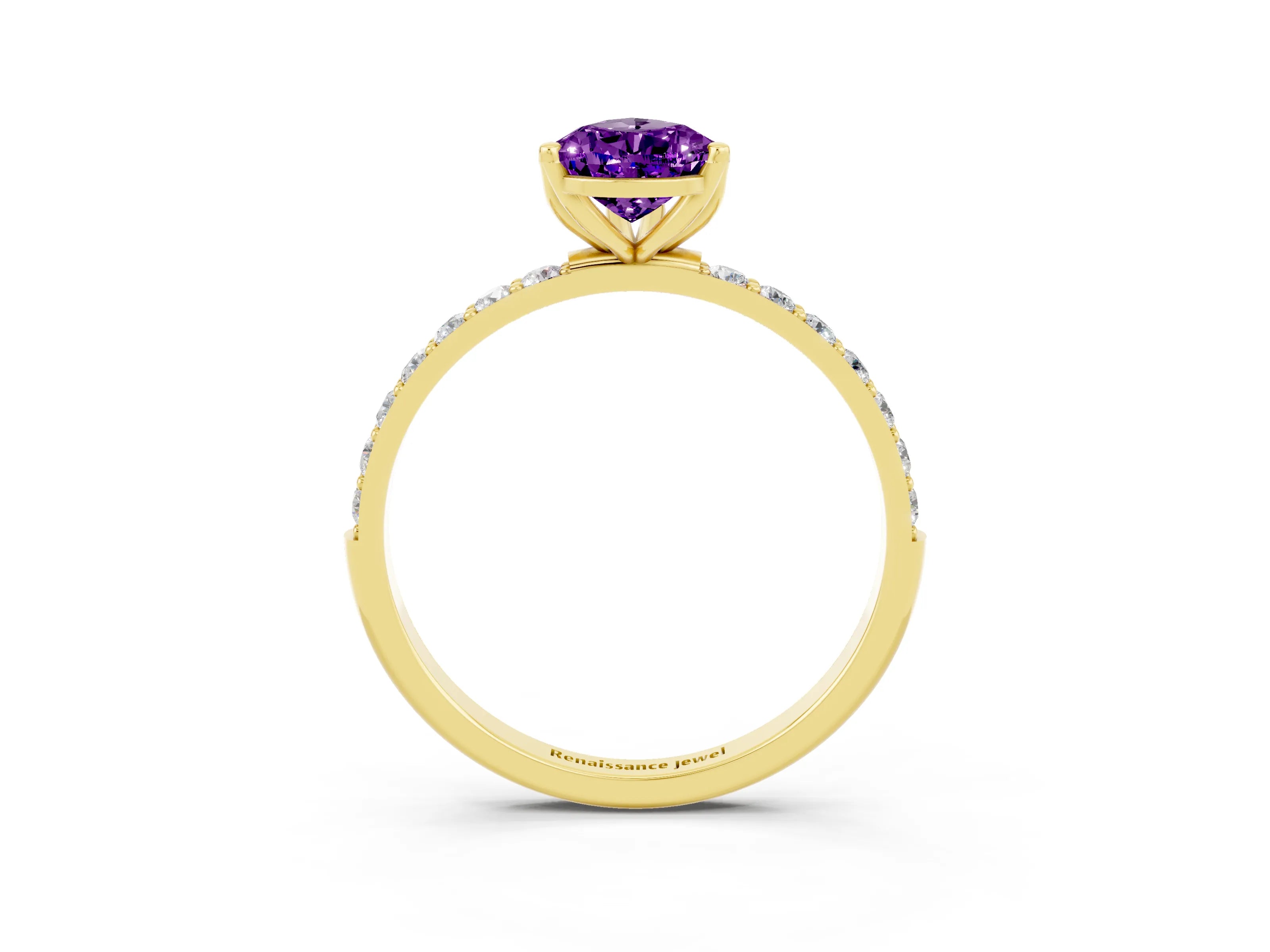 Yellow gold Pear Cut Amethyst Solitaire Engagement Ring with Pavé Band and Prong Setting_3