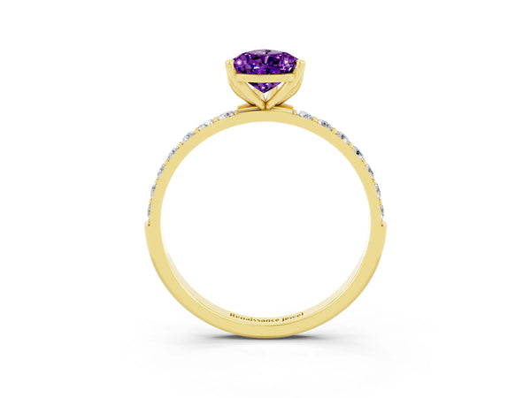 Yellow gold Pear Cut Amethyst Solitaire Engagement Ring with Round  Pavé Band and Prong Setting