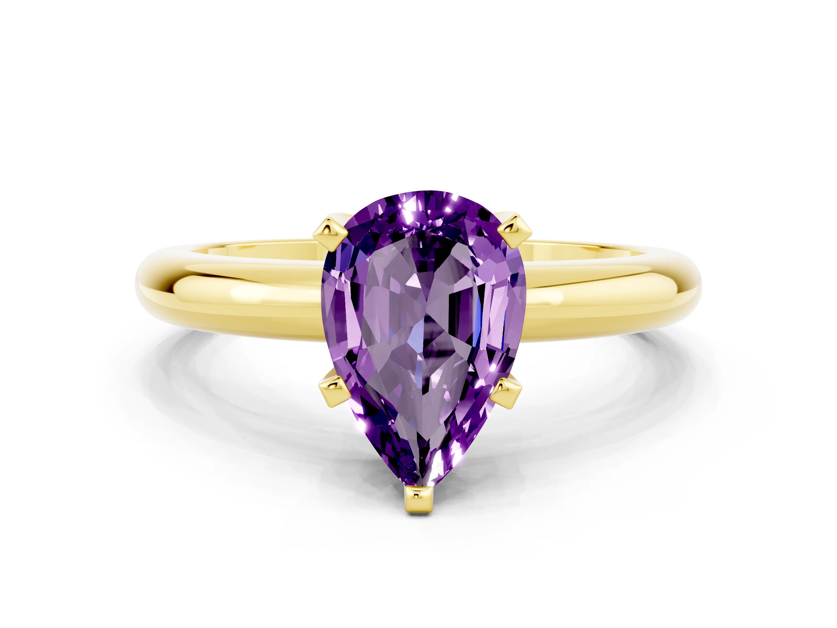 Yellow gold Pear Cut Amethyst Solitaire Engagement Ring with Round Band and Four-Prong Setting