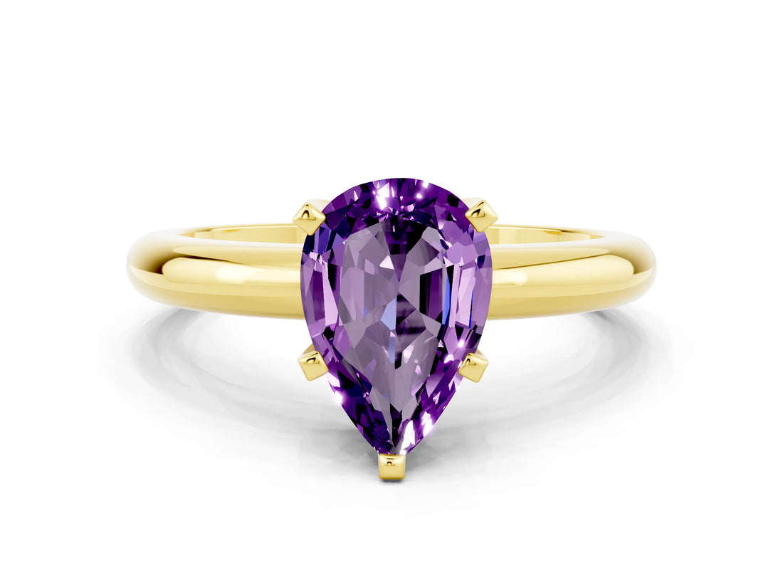 Yellow gold Pear Cut Amethyst Solitaire Engagement Ring with Round Band and Four-Prong Setting