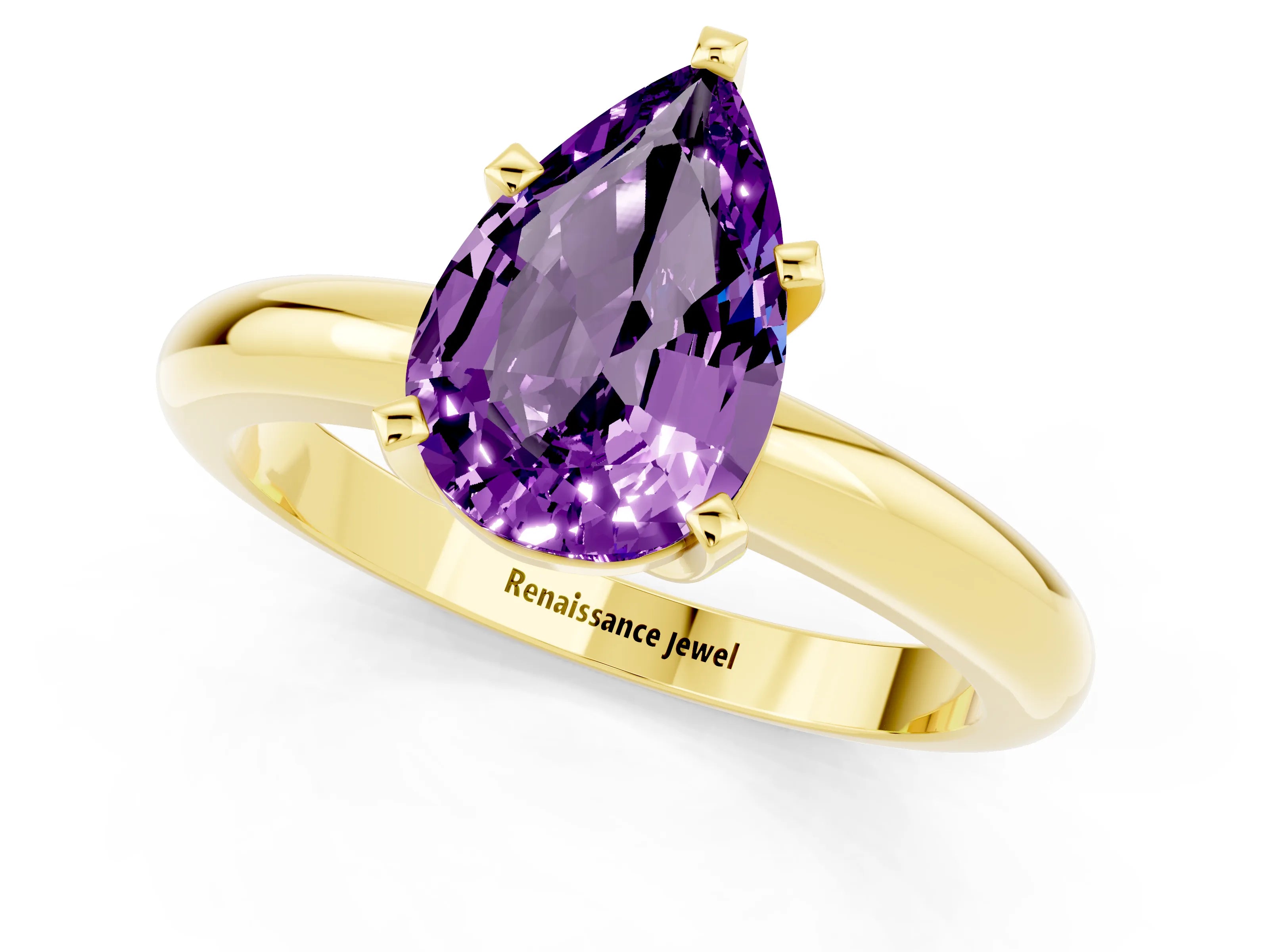Yellow gold Pear Cut Amethyst Solitaire Engagement Ring with Round Band and Four-Prong Setting_1