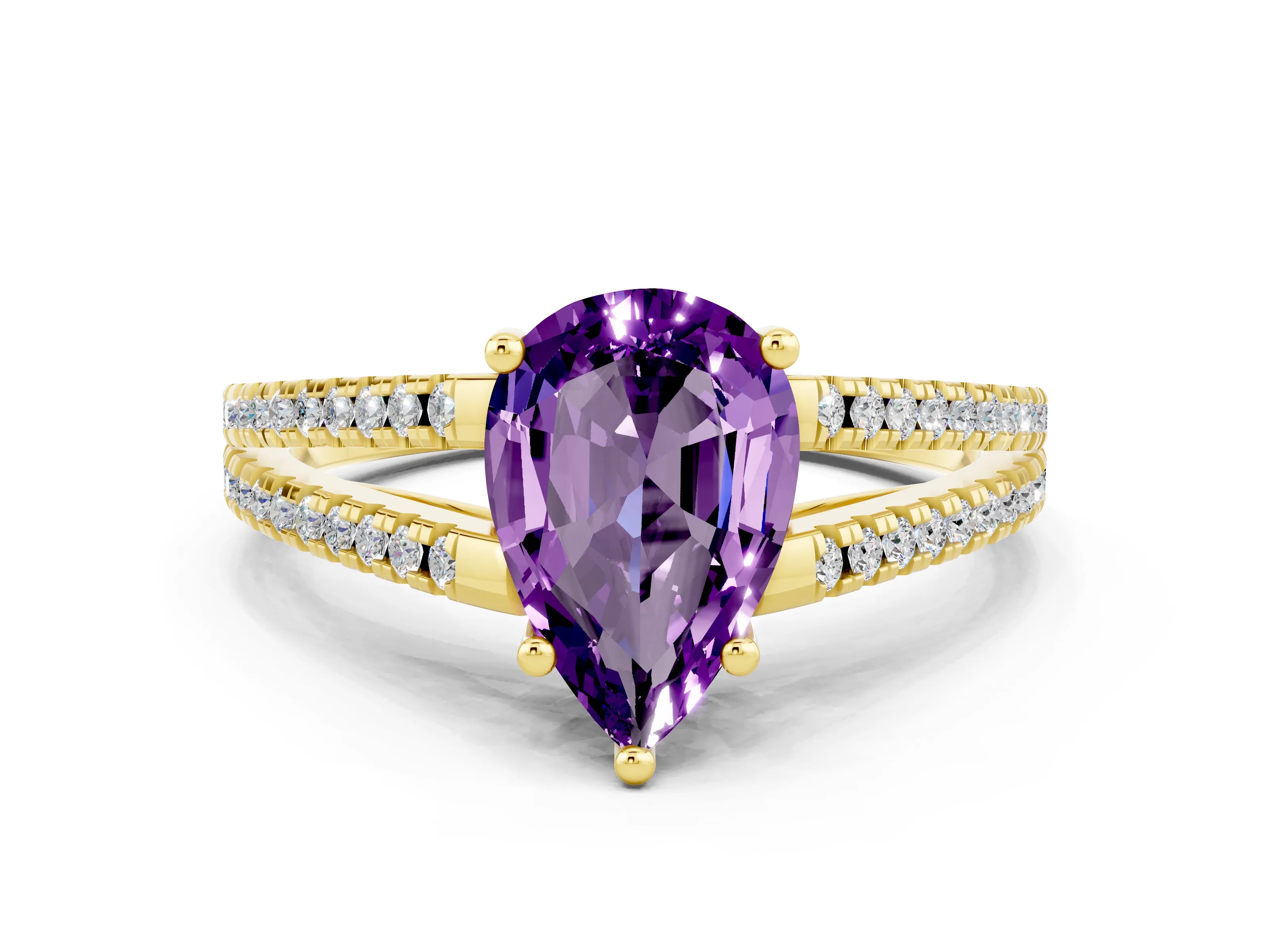 Yellow gold Pear Cut Amethyst Solitaire Engagement Ring with Split Shank Pavé Band